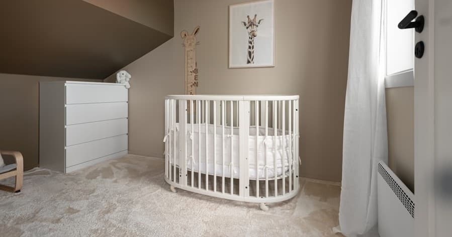 Minimalist baby nursery with white crib in attic bedroom, ready for sleep