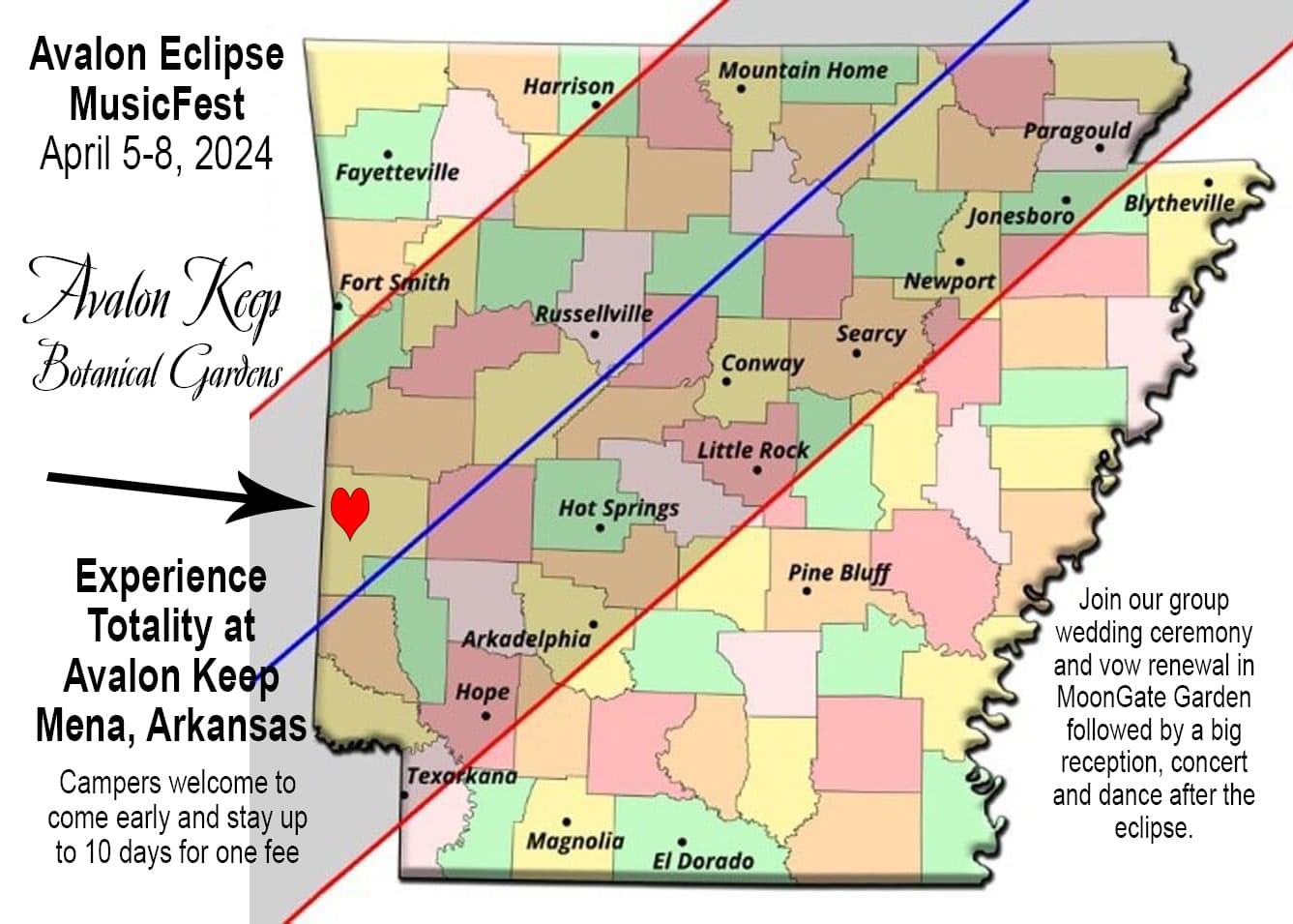 Total solar eclipse viewing map for Avalon Keep, Mena, Arkansas