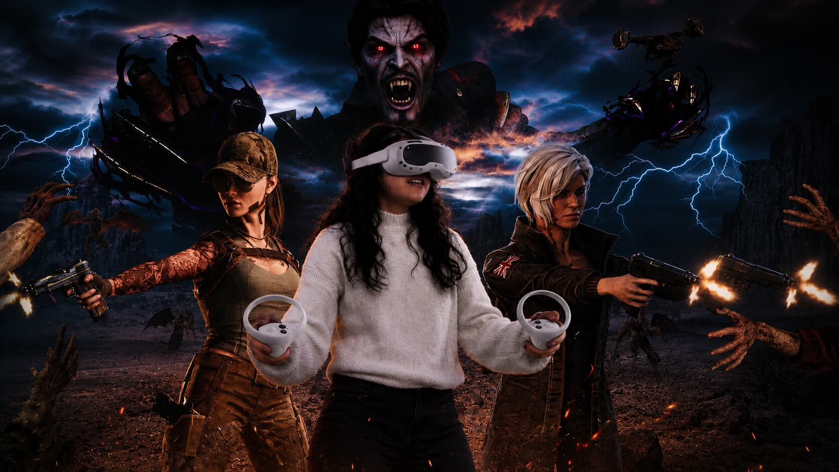 Player with VR headset battling zombies in dramatic wasteland