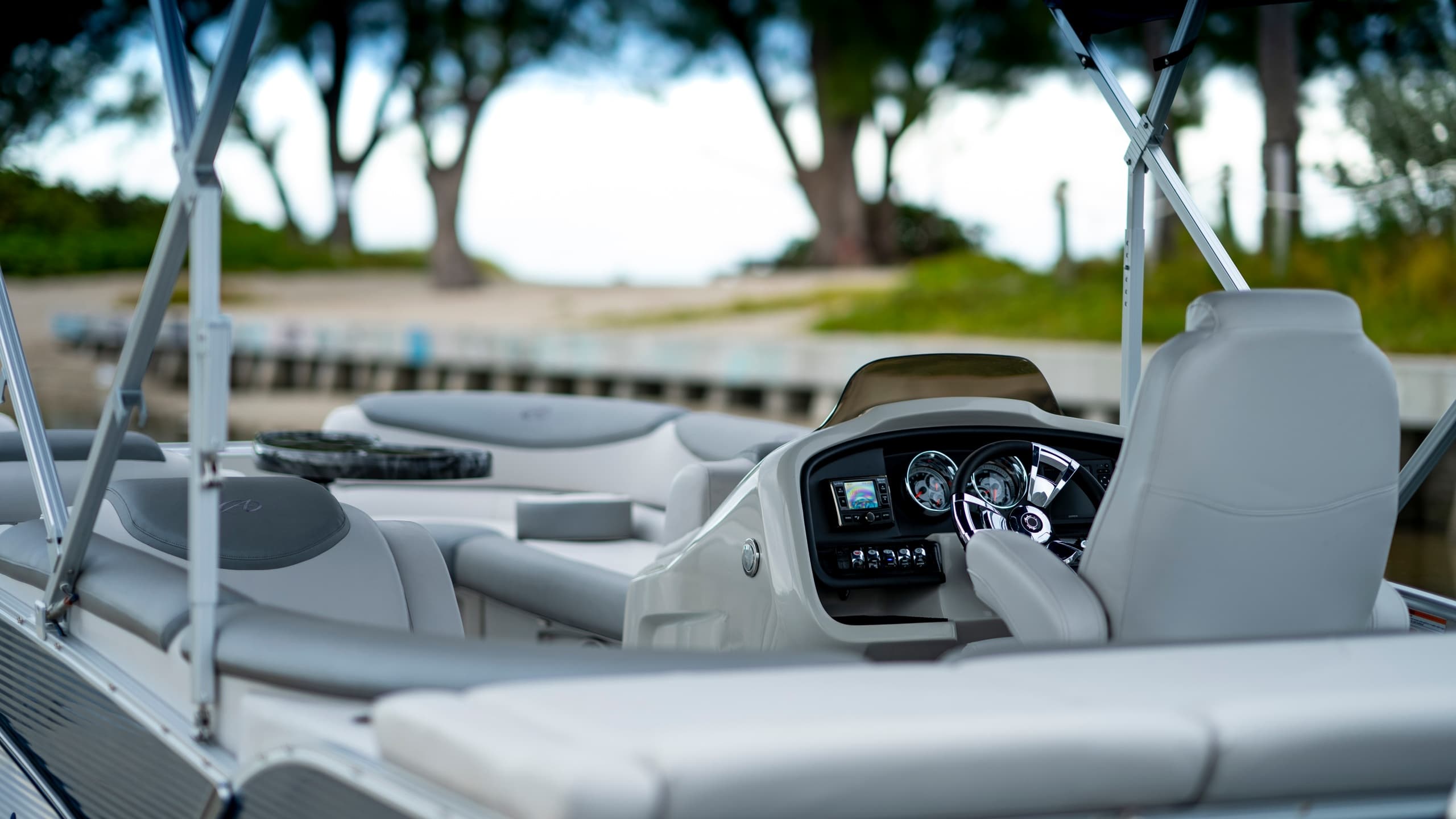 Boat helm and seating on motorboat for Miami bay cruise