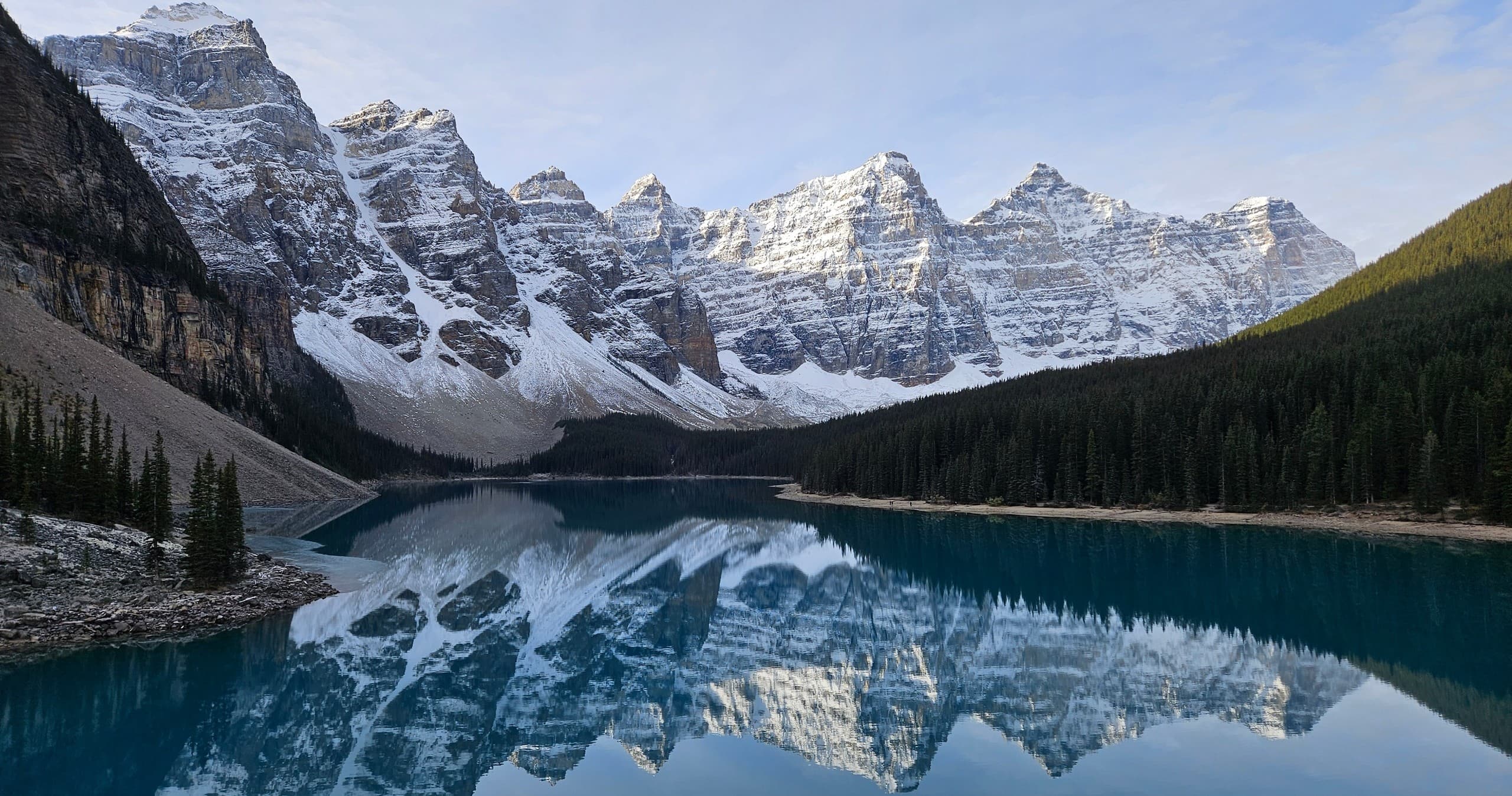 Moraine Lake reflected peaks and emerald water in Banff
