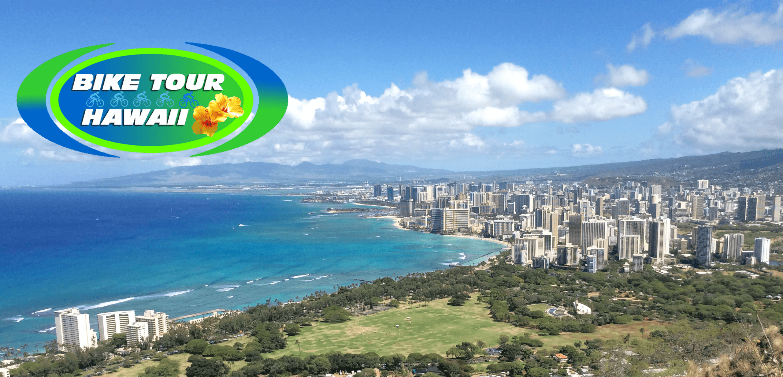 Aerial Waikiki skyline and coastline view for coastal bike tours
