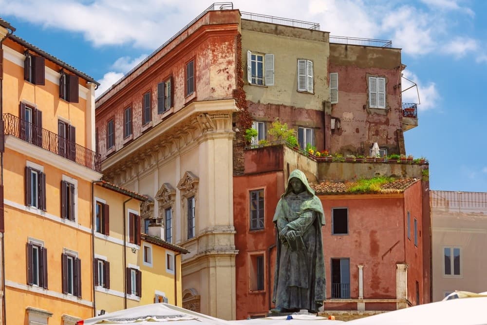 Colorful Rome cityscape with statue and historic buildings