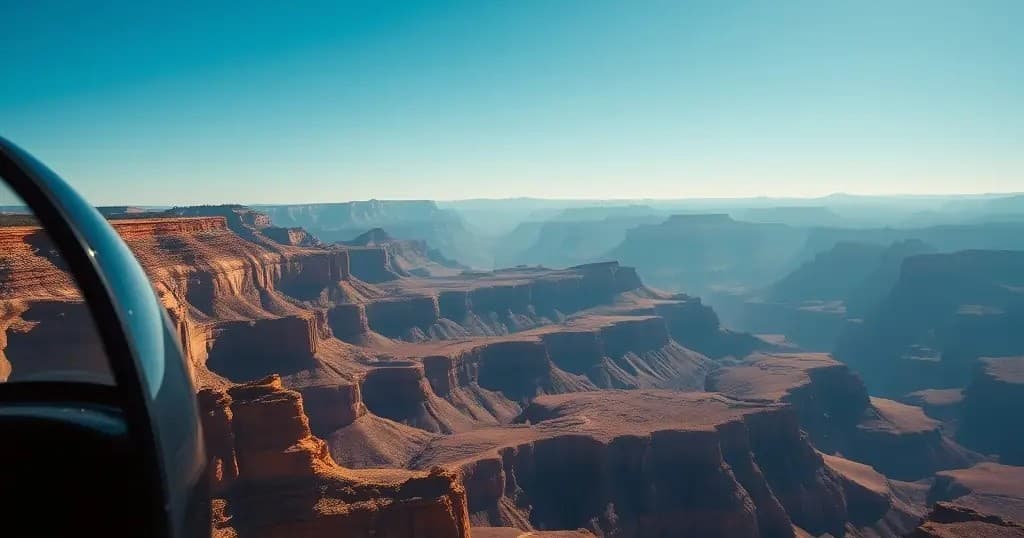 Helicopter sightseeing over Grand Canyon, aerial canyon vista