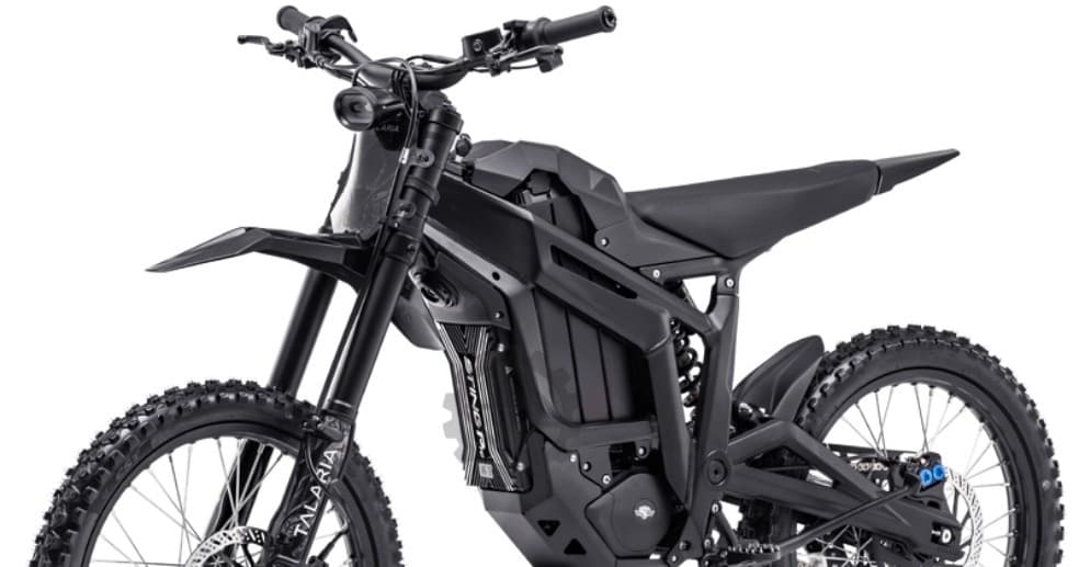 Angled studio shot of electric off-road bike, rear and frame detail
