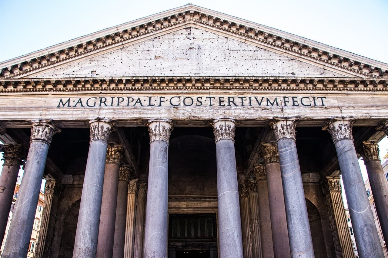 Pantheon portico with Corinthian columns sunlight in central Rome