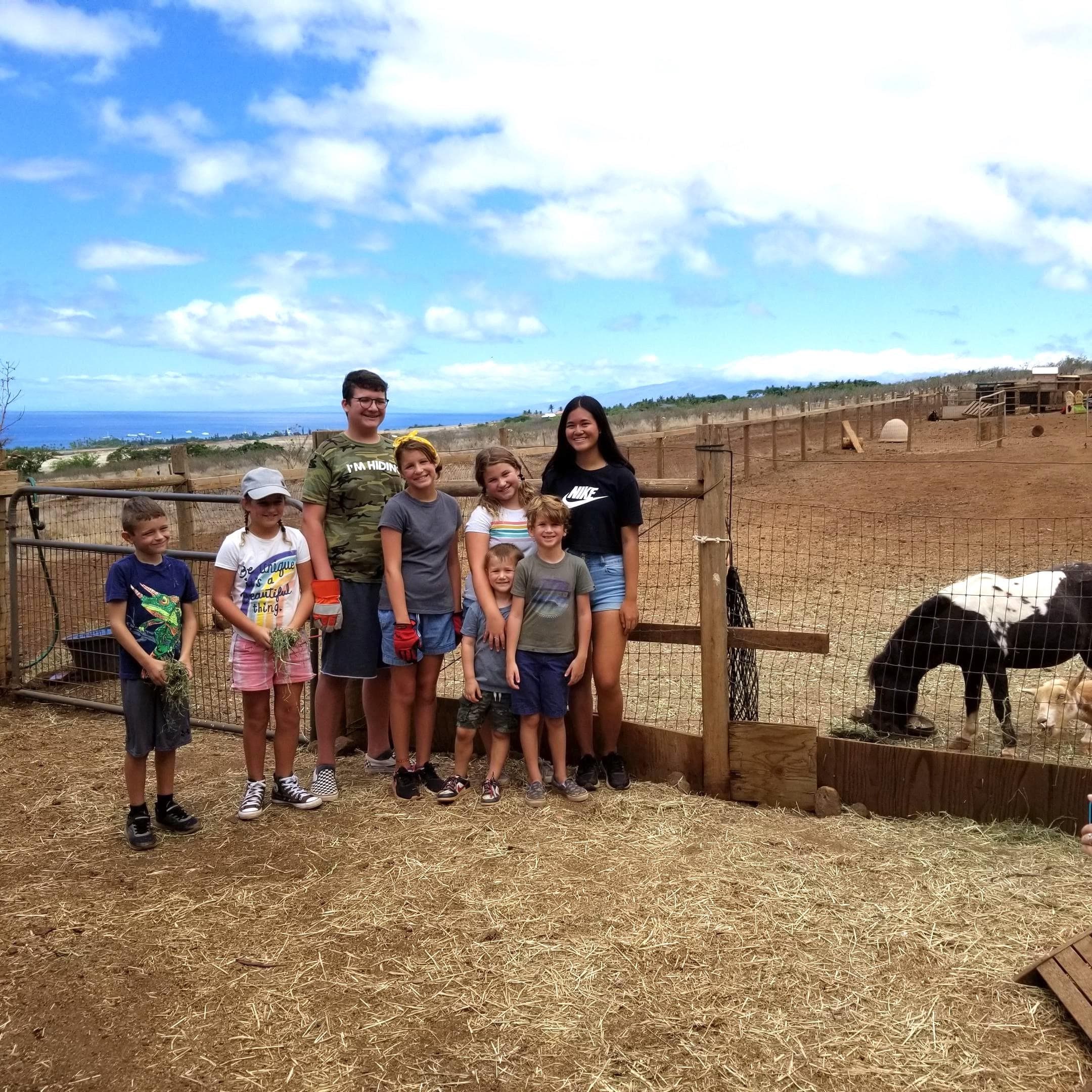 Family group at outdoor farm petting area with ocean view