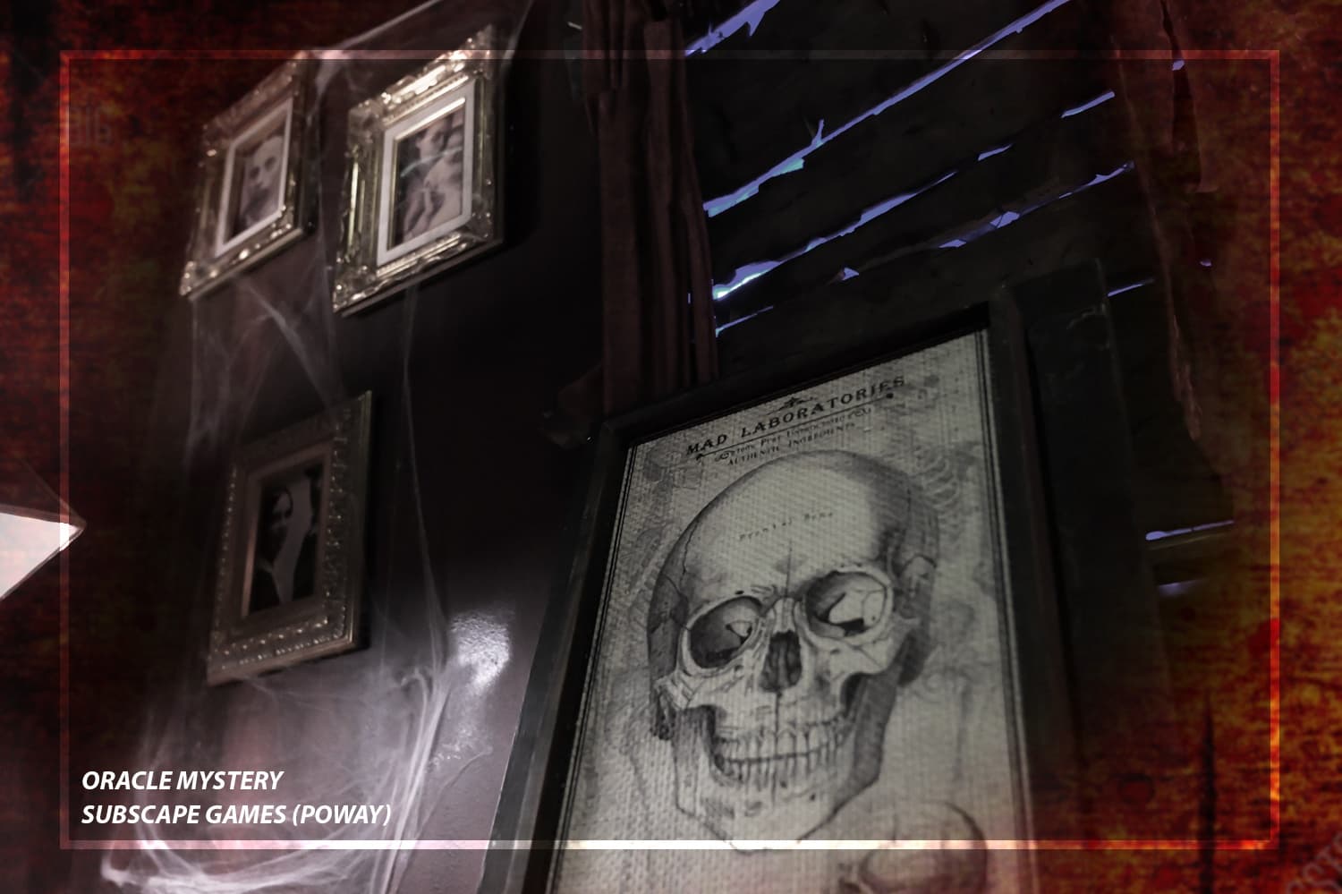 Framed skull artwork in dim escape room, eerie puzzle atmosphere