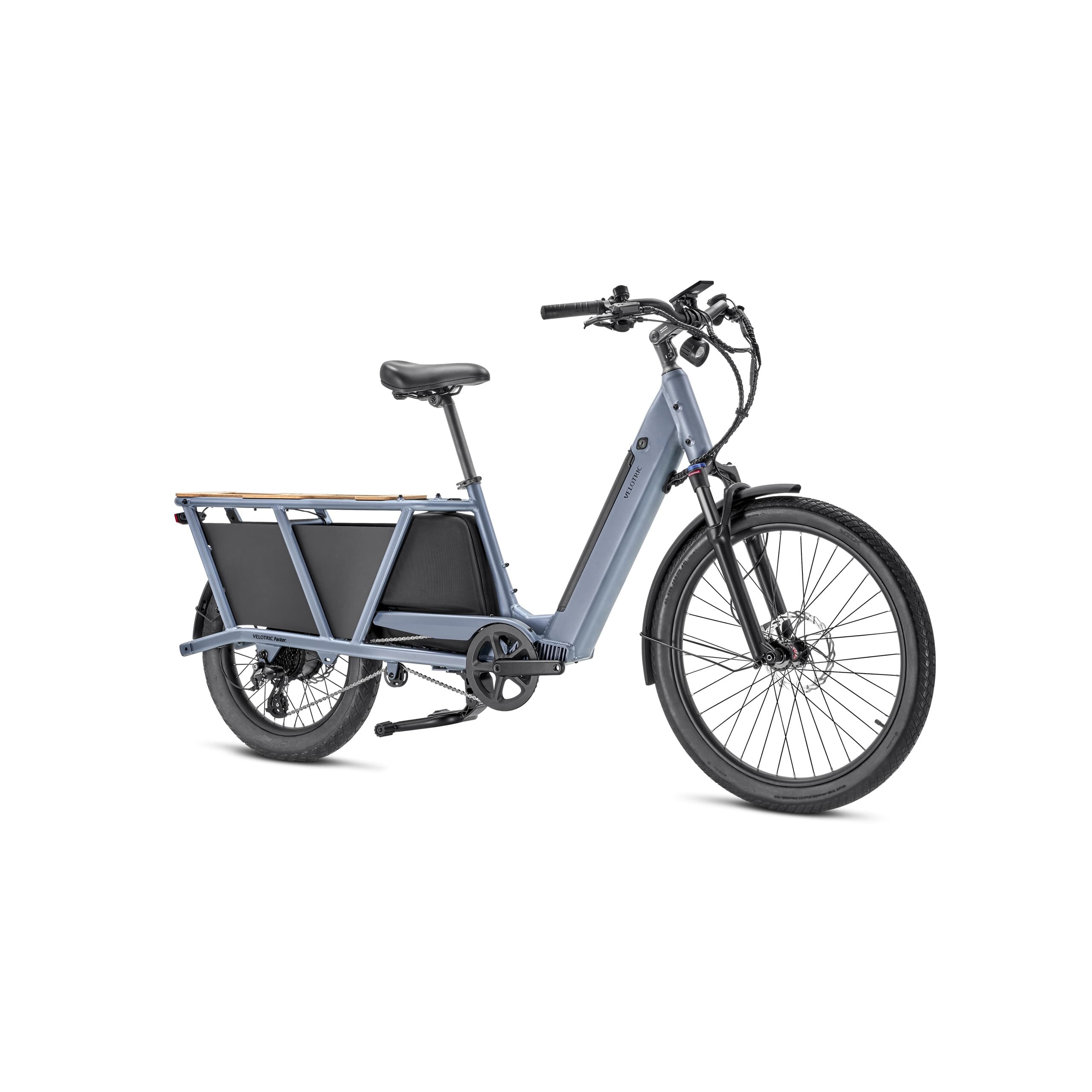 Gray cargo e-bike on white studio background for beach gear