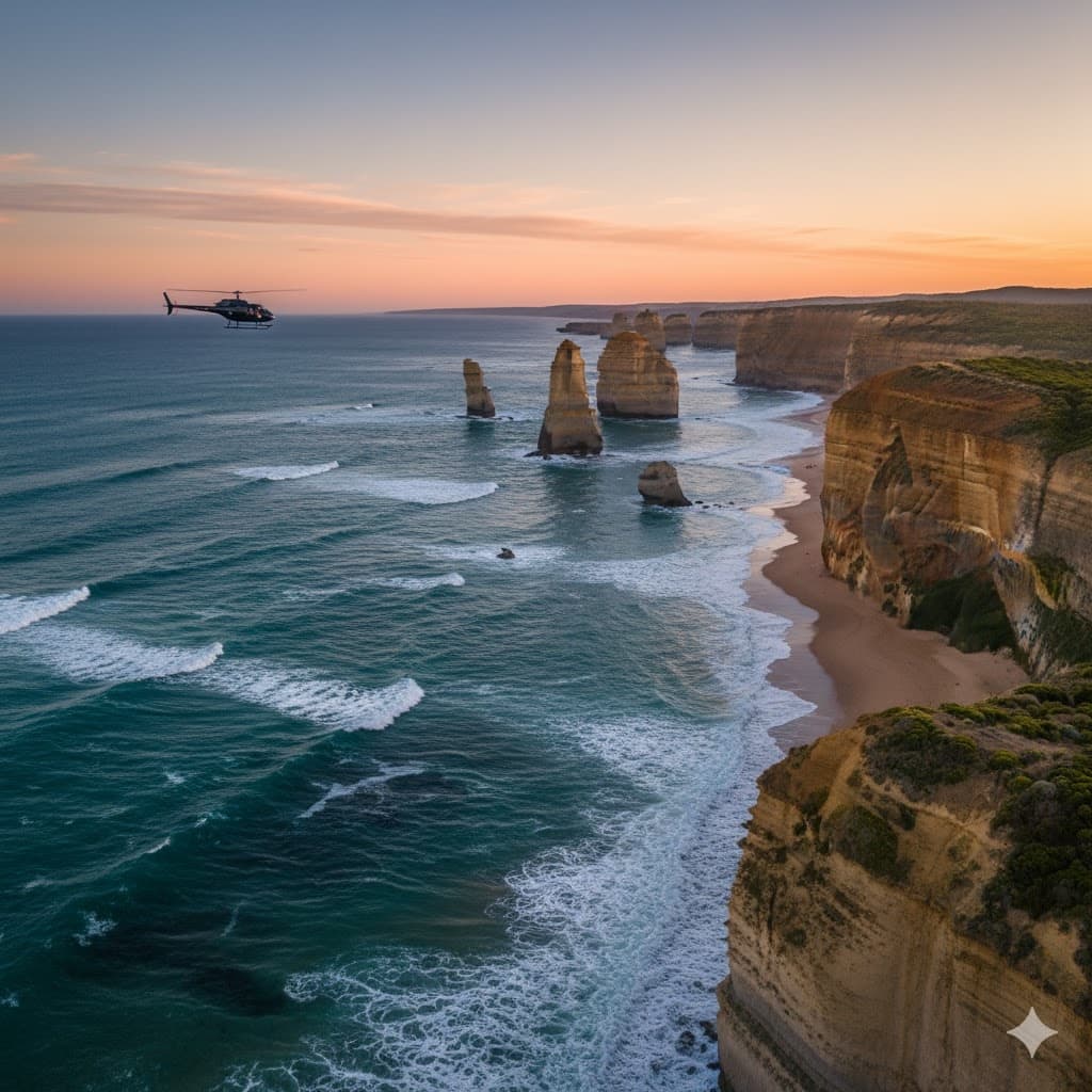 Helicopter tour over ocean cliffs and sea stacks at sunset