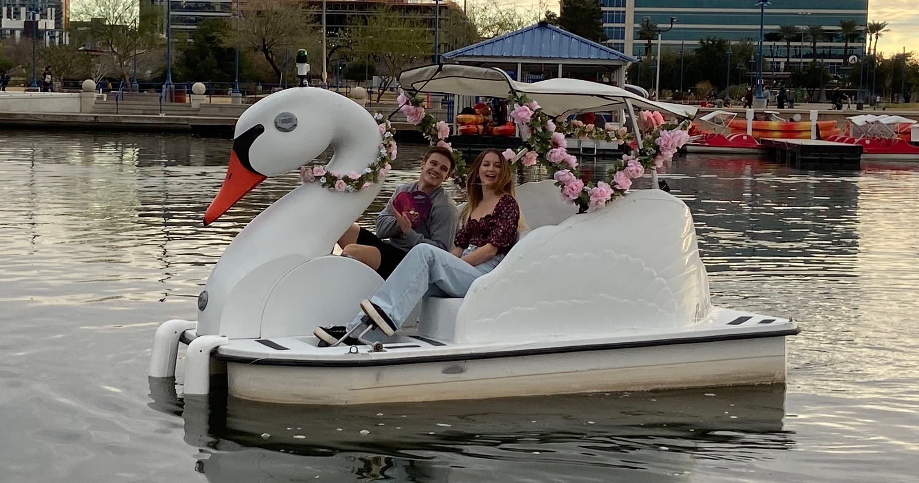 Swan pedal boat on city lake with passengers enjoying sunset ride