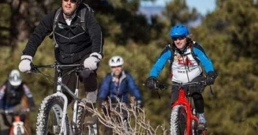 Mountain bikers riding pine forest singletrack on guided off-road tour