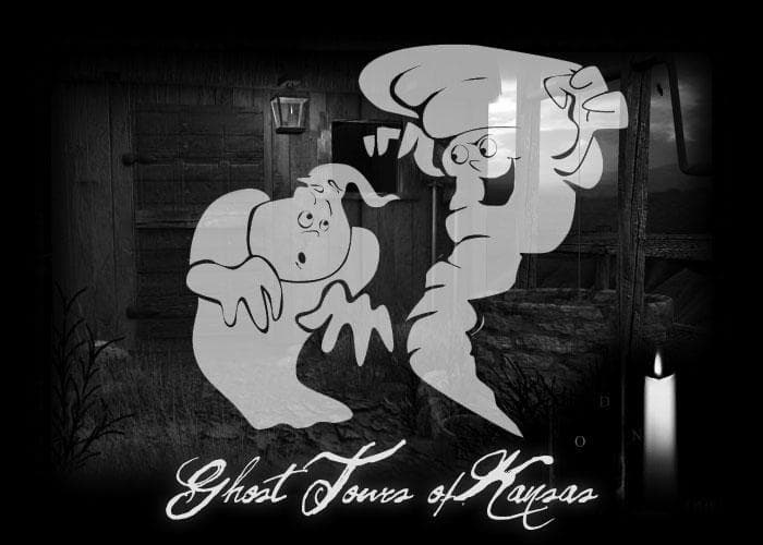 Cartoon ghosts in black-and-white haunted room poster