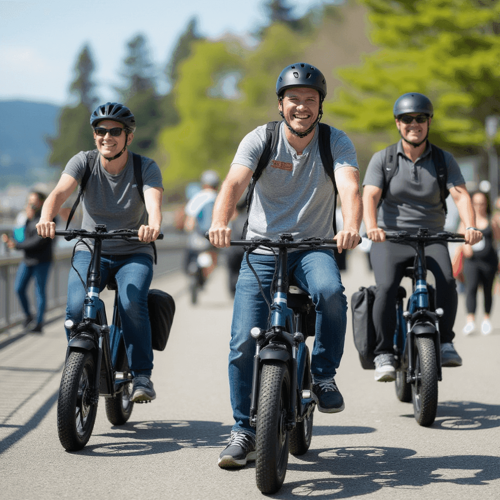 Smiling riders on electric bikes leading group along park trail