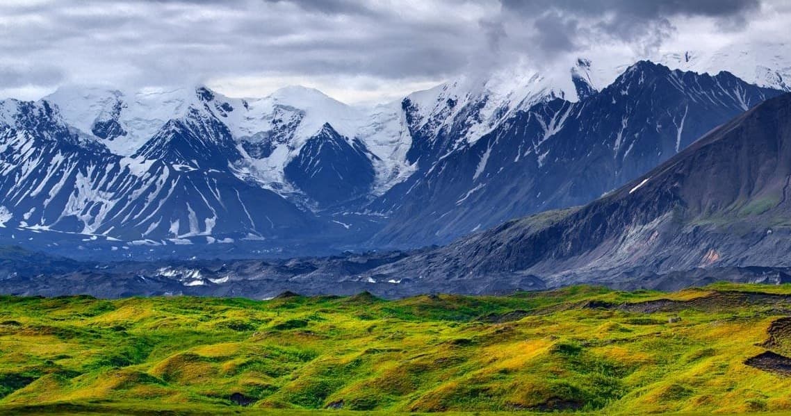 Scenic Denali-range tundra with rolling green fields and peaks