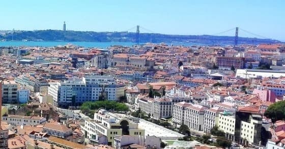 Aerial Lisbon cityscape with Tagus River and 25 de Abril bridge