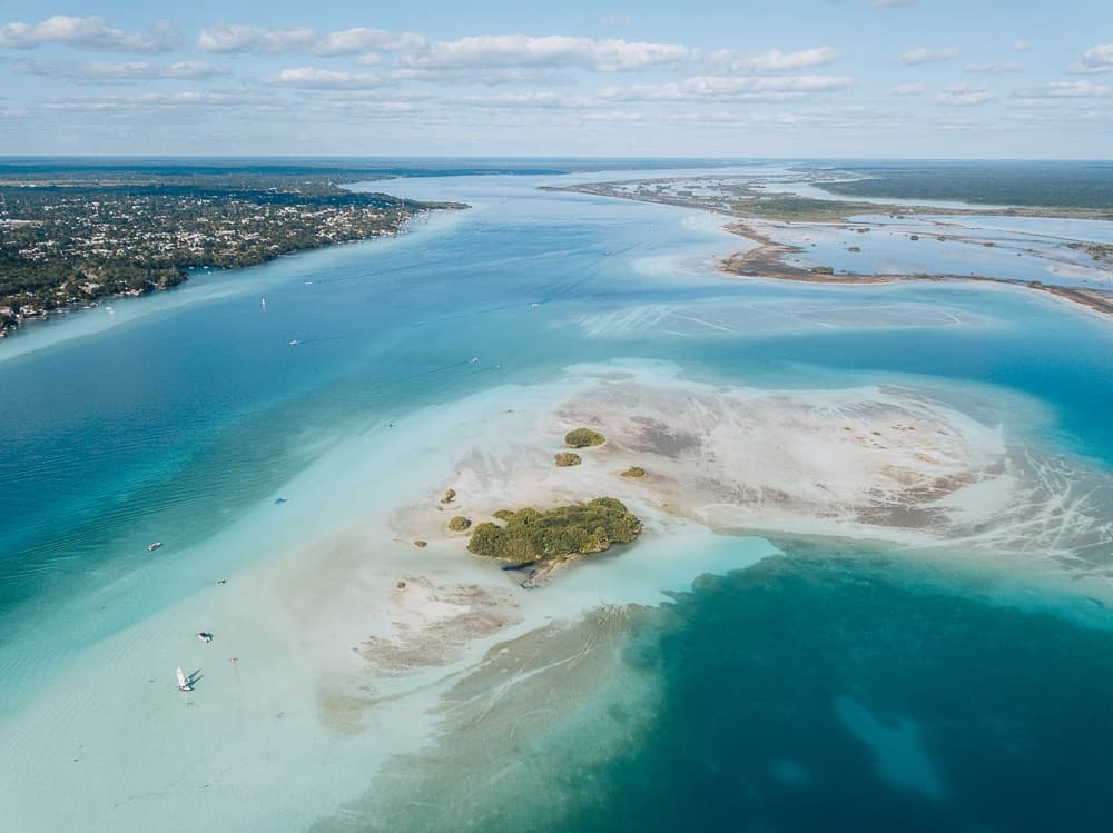 Aerial view of Caribbean lagoon with sandbar and turquoise water