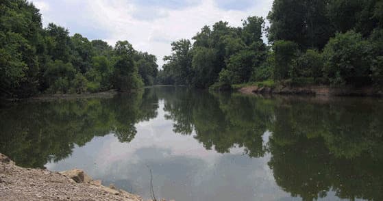 Calm tree-lined river reflecting clouds ideal for canoeing