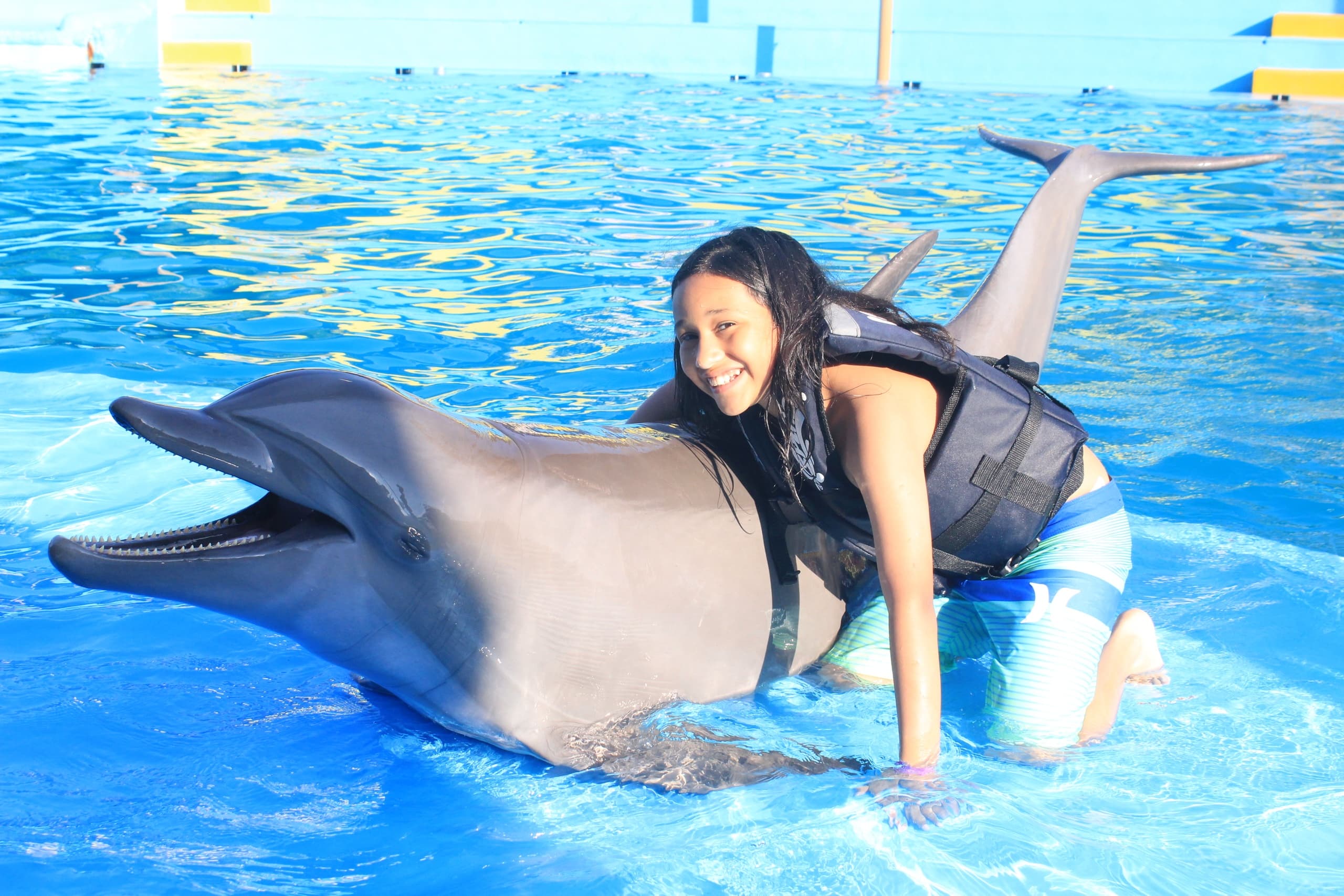 Woman interacting with dolphin in outdoor marine pool, Puerto Vallarta
