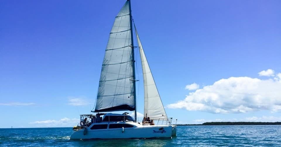 Sailboat cruising on open blue sea in coastal Moreton Bay