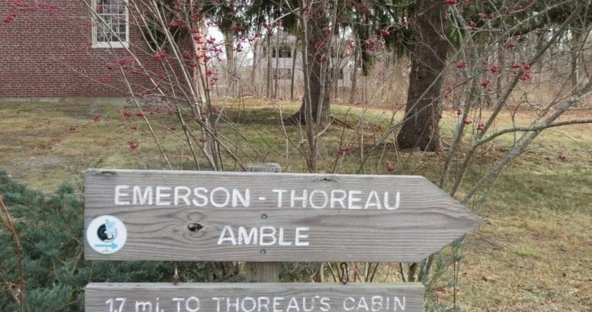 Trail sign pointing to Emerson-Thoreau cabin on rustic path