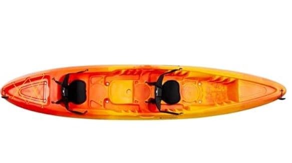 Two-person kayak top-down studio shot, ready for paddling