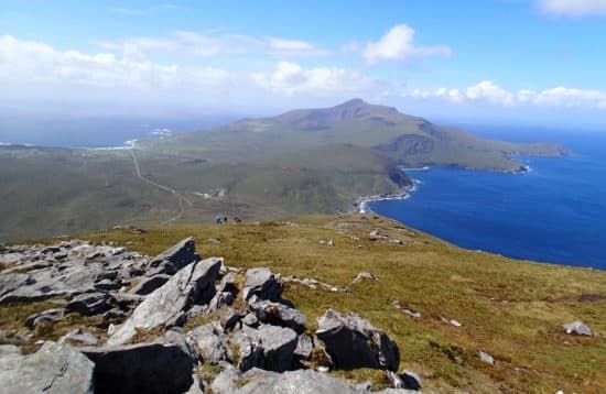 Panoramic hilltop view over coastal headland on Achill Island