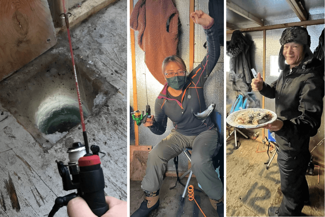Ice fishing on frozen Alaska lake inside heated shanty with anglers