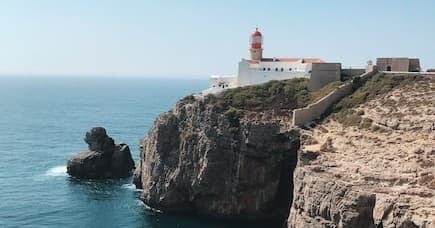 Lighthouse perched on rocky cliffs overlooking Atlantic coast