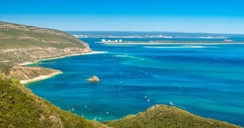 Aerial view of Lisbon coastline and turquoise ocean vista