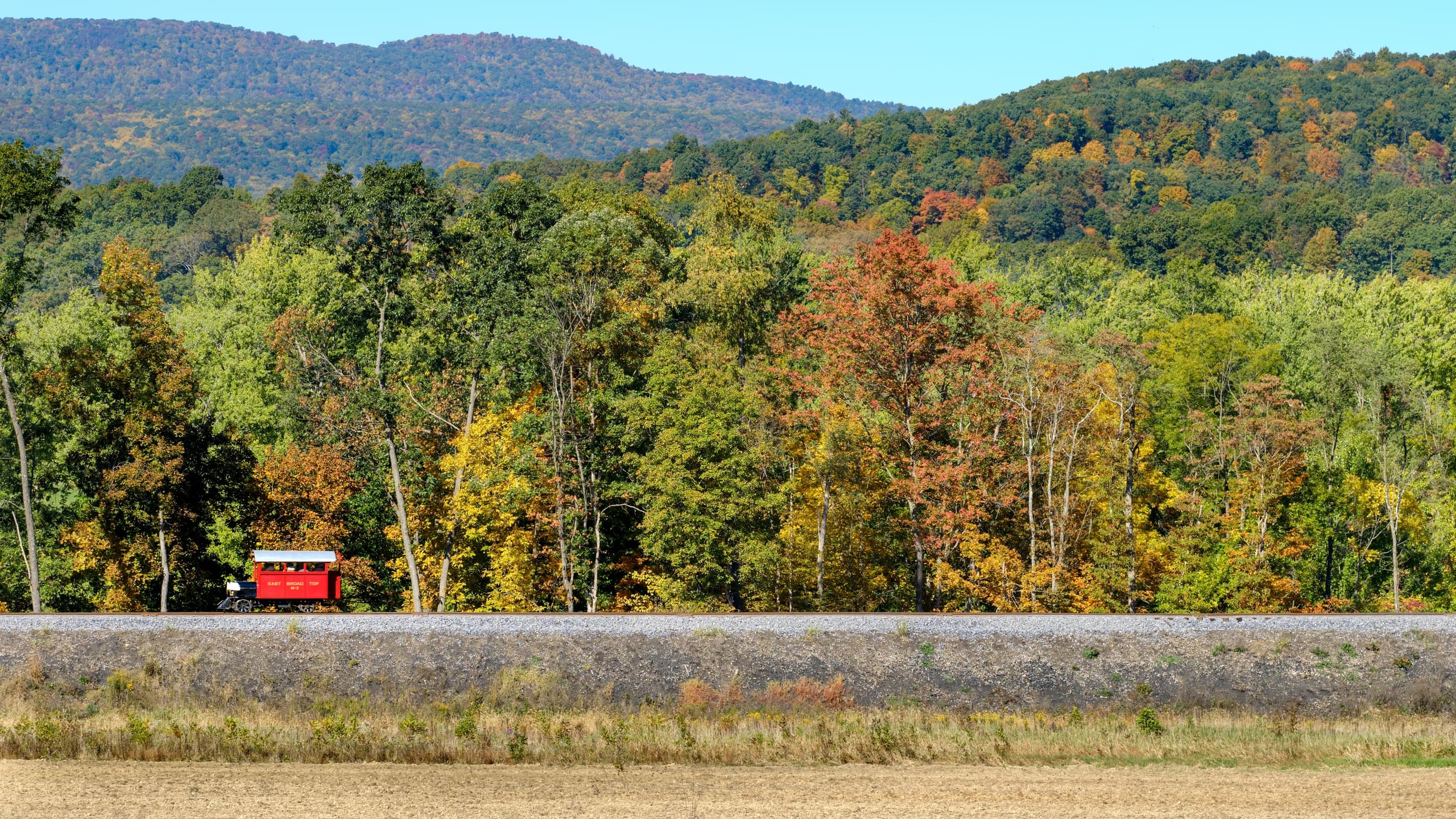 Autumn forest and distant hills with small heritage train passing