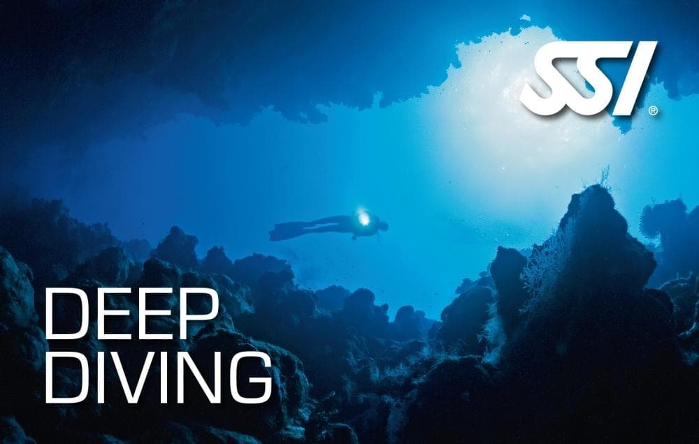 Deep blue cave diving scene showcasing Lanzarote underwater
