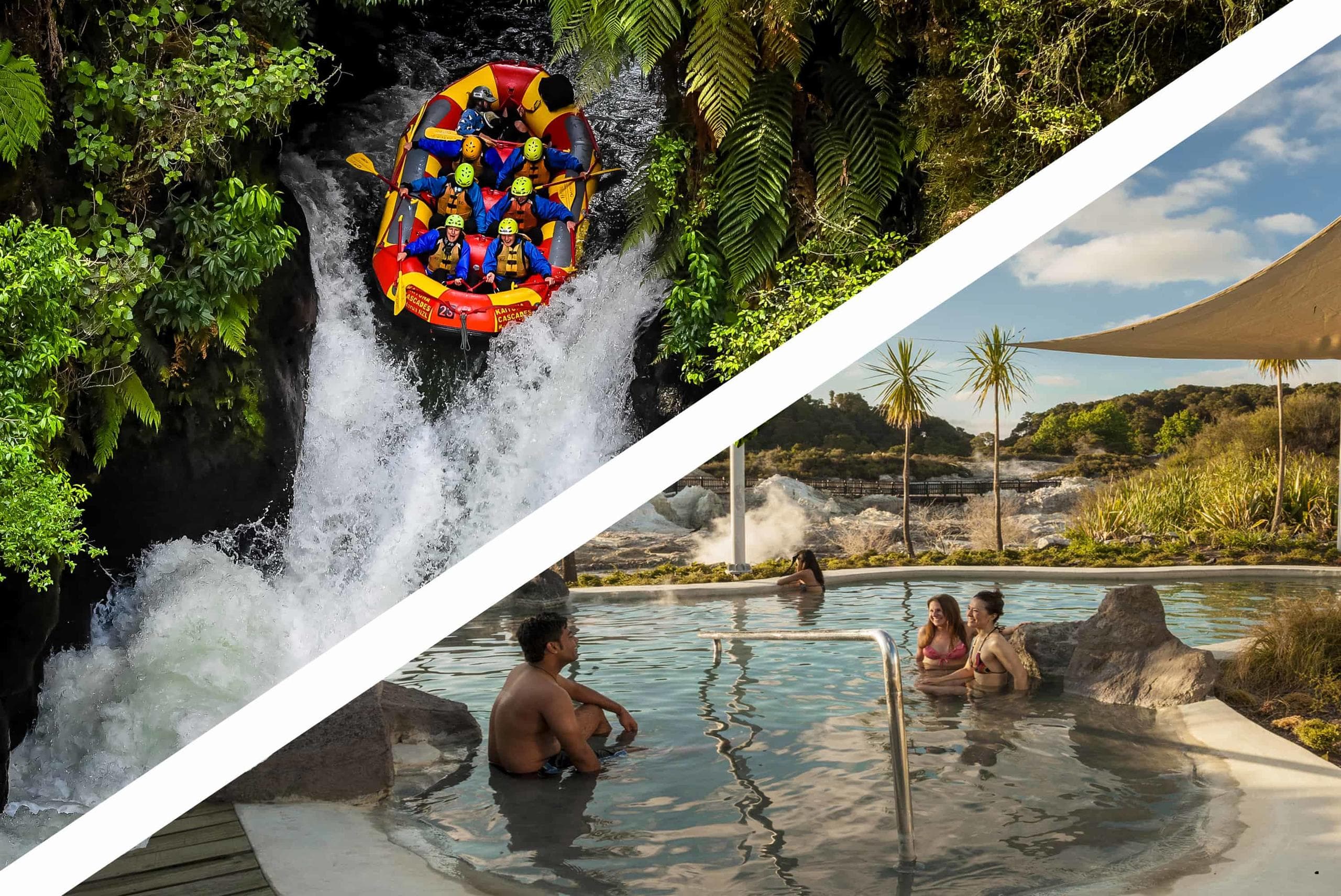 Composite adventure: waterfall raft drop and thermal hot springs