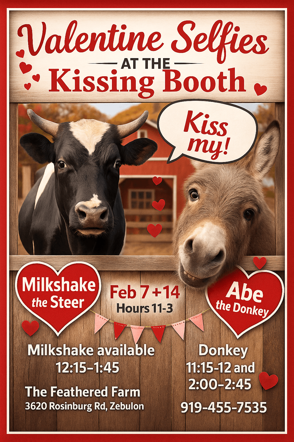 Valentines Kiss My Abe! Farm Meet-and-Greet with Abe the Donkey in Zebulon, NC