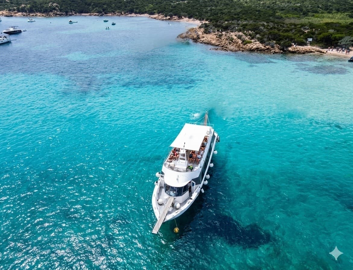 Aerial yacht cruising over vivid turquoise coastal waters