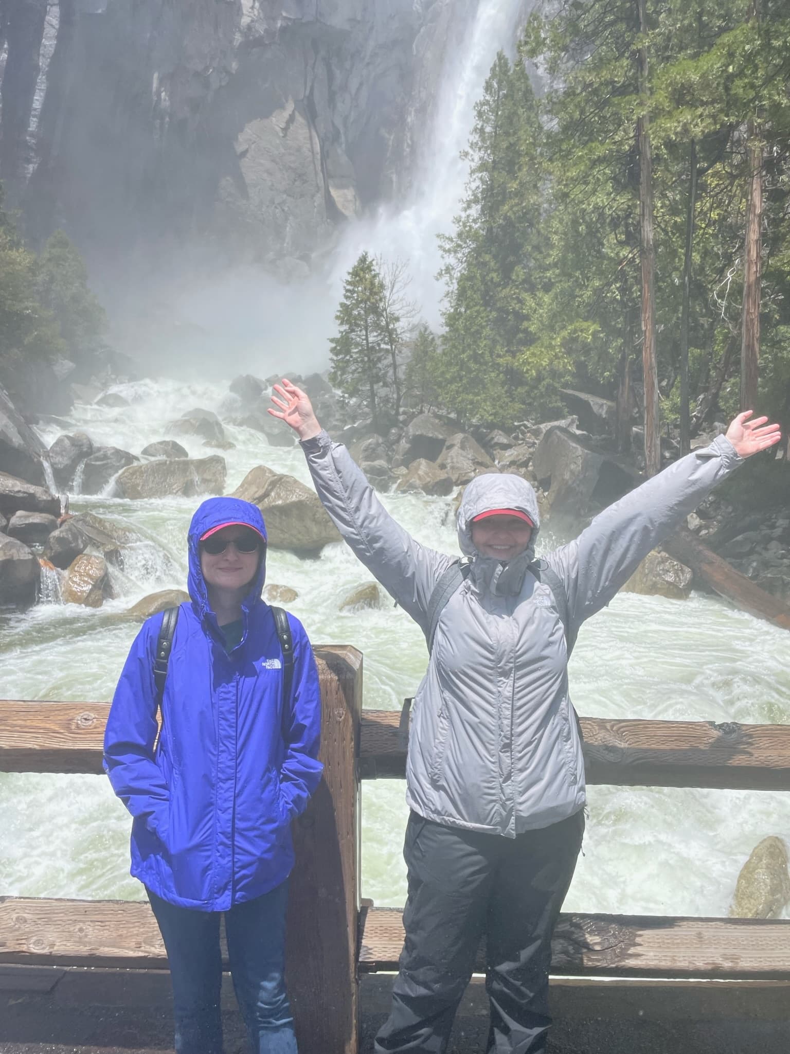Hikers celebrating by misty waterfall viewpoint in forest
