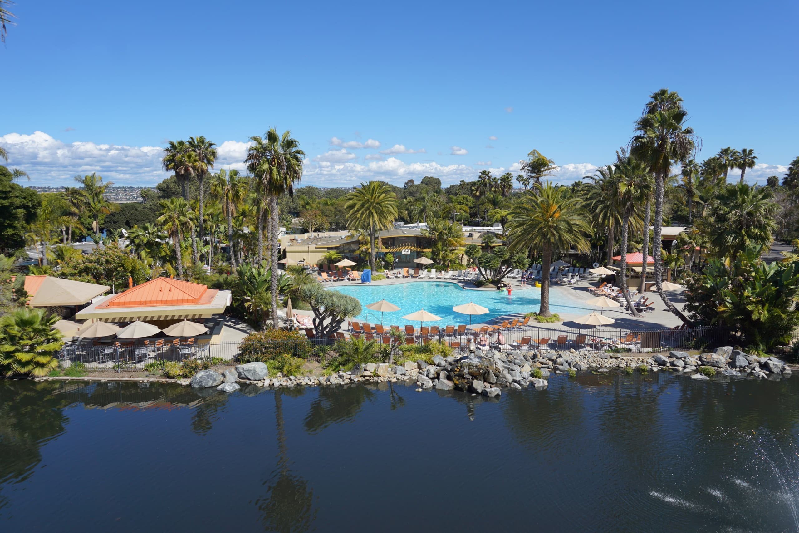 Aerial view of private island resort and marina off San Diego
