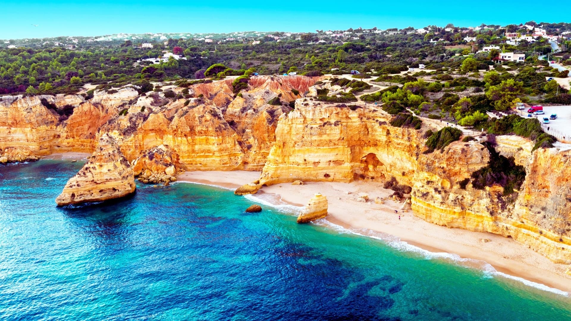 Scenic cliffside beach and turquoise water on Algarve coast tour