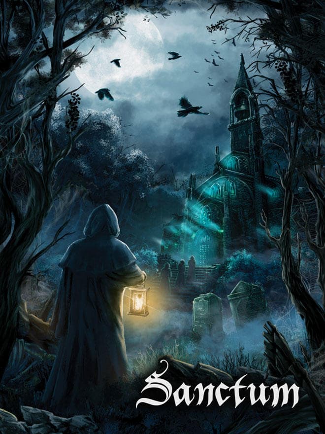 Hooded figure holding lantern in moonlit forest, eerie atmosphere