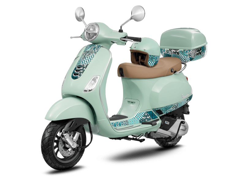 Retro mint scooter with helmet for scenic island riding