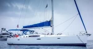 Moored white sailing yacht on calm Hudson River, clean composition