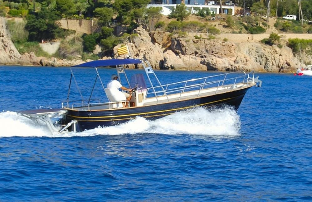 Classic wooden cruiser speeding along coastal waters for day charters