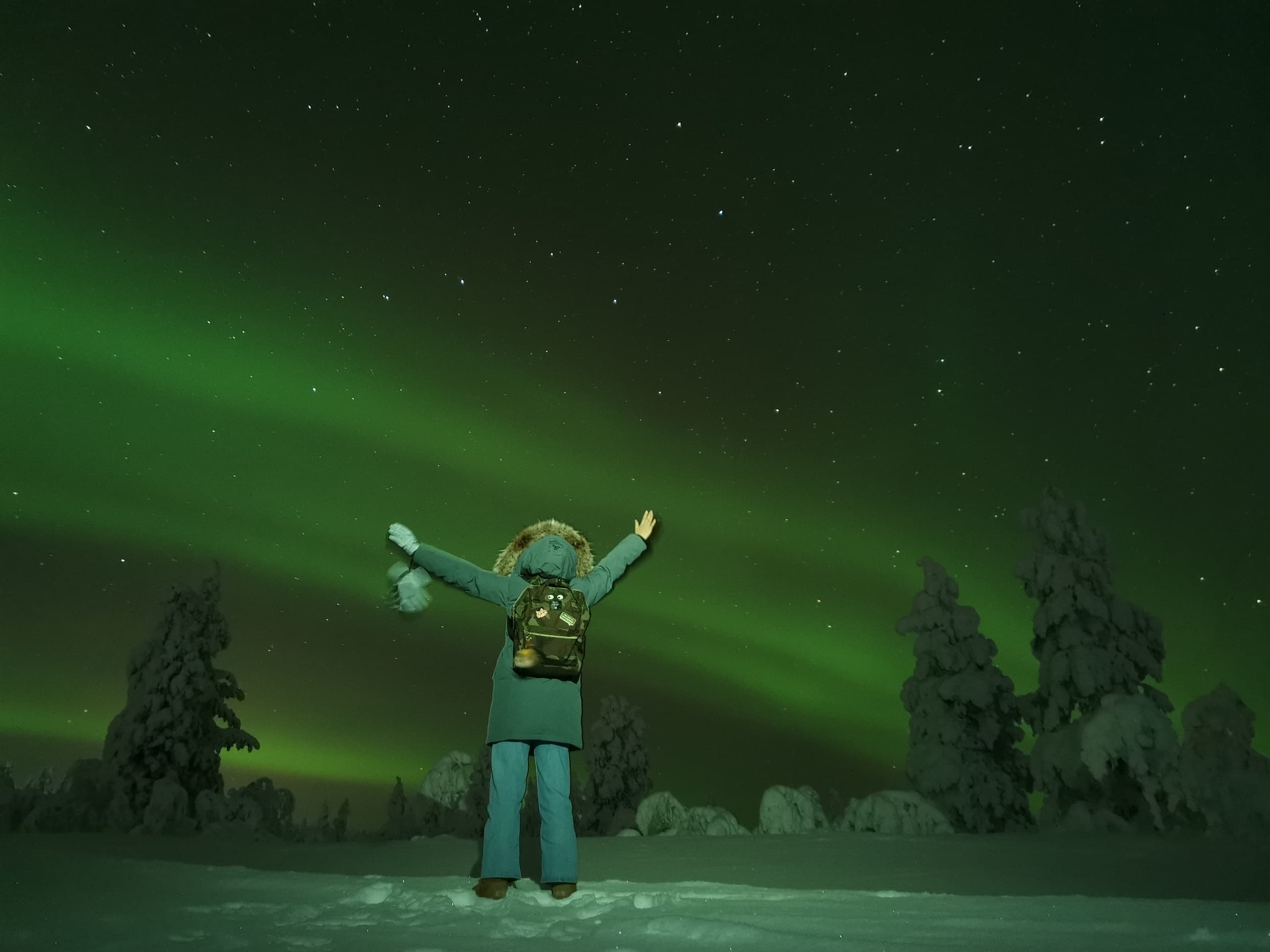 Traveler under green aurora, arms raised over snowy Lapland taiga