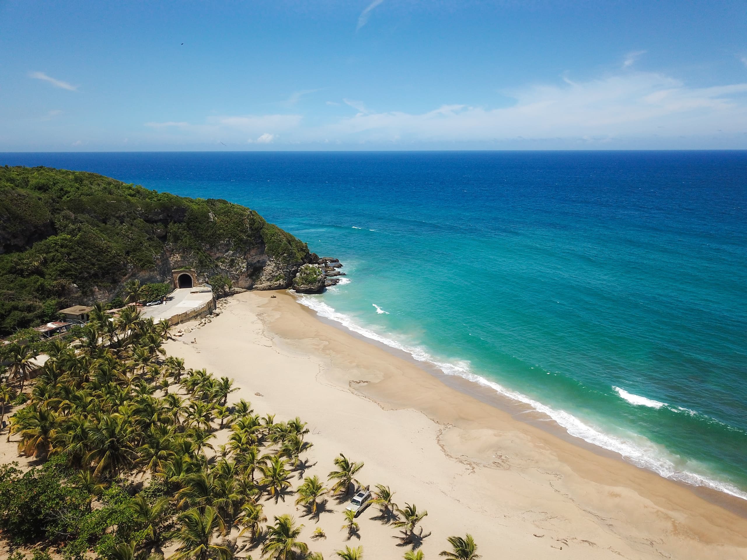 Aerial beach view with palm-fringed shoreline and turquoise sea