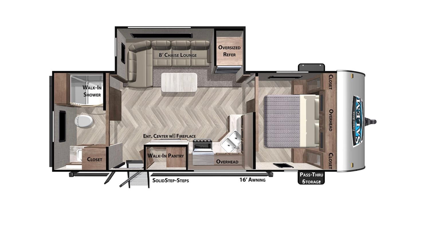 Toy-hauler RV floorplan with garage bunks and living space