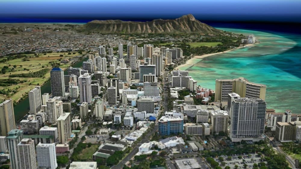 Aerial Honolulu skyline with Diamond Head and Waikiki shoreline
