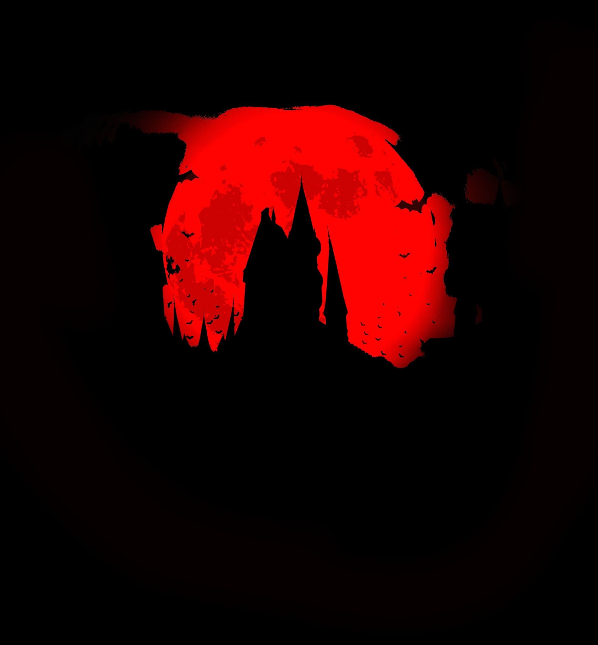 Red silhouette of mountain castle against dark sky, dramatic vista