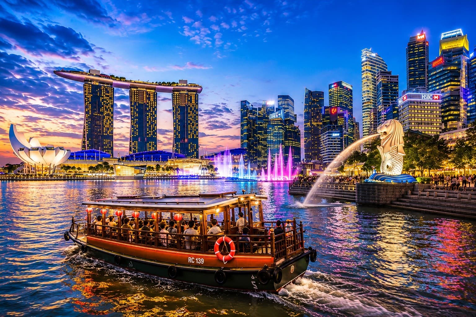Traditional bumboat cruising Marina Bay past illuminated city skyline