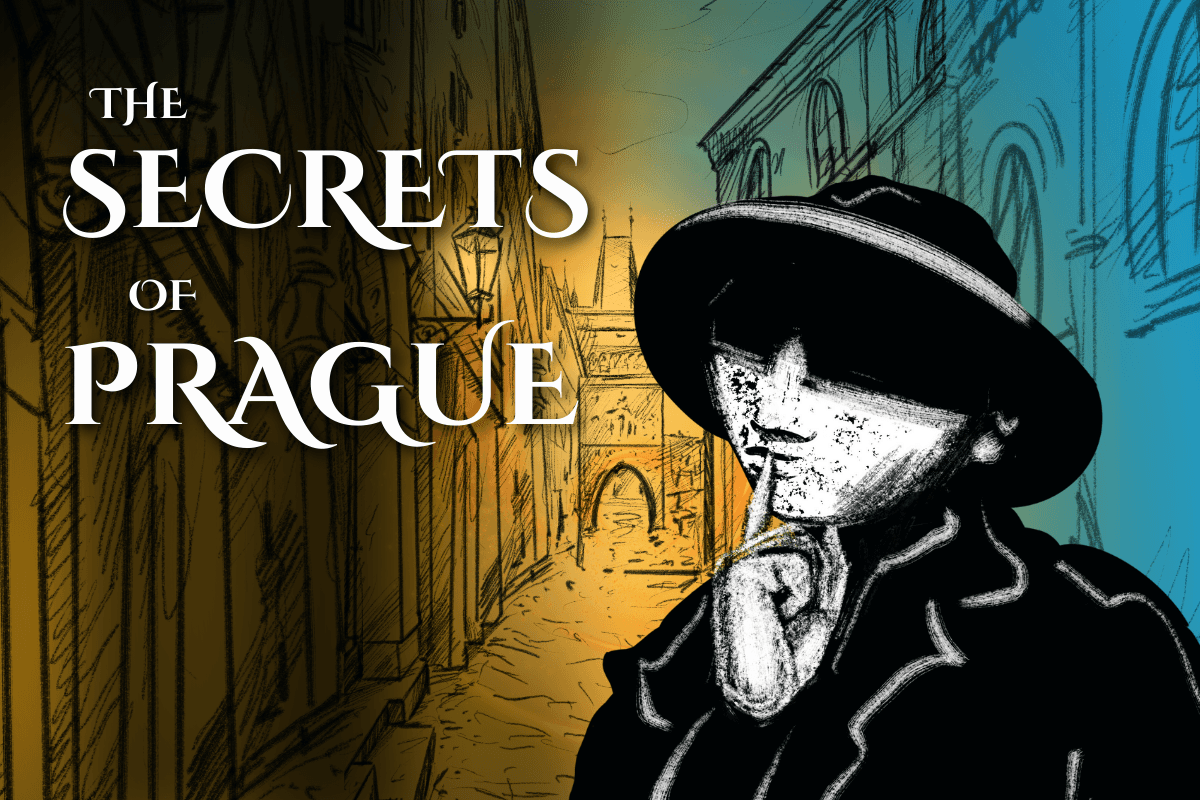 Illustrated Prague alleyway promoting secret city walking tour experience