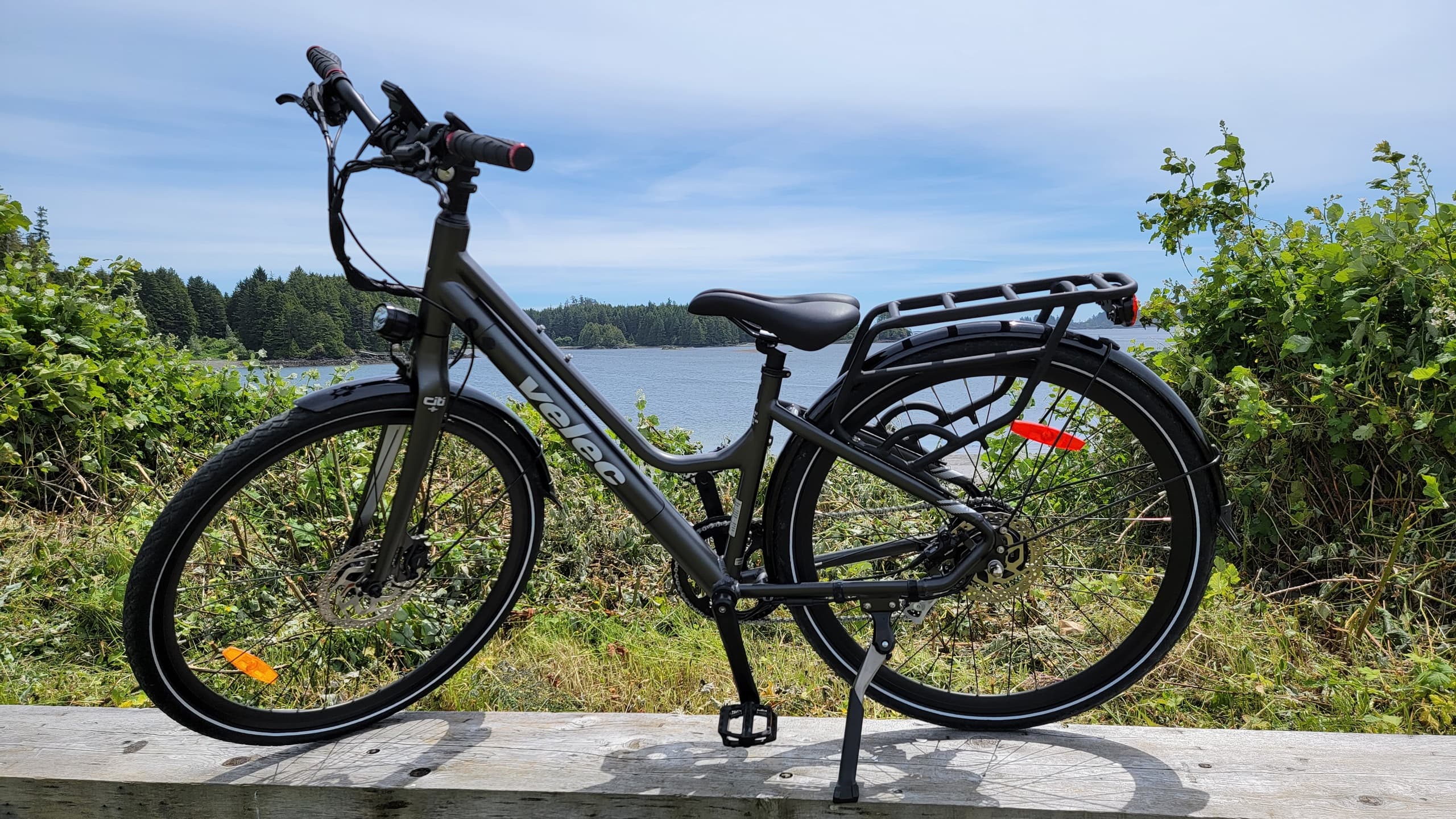 Black electric bike parked by seaside path with scenic water